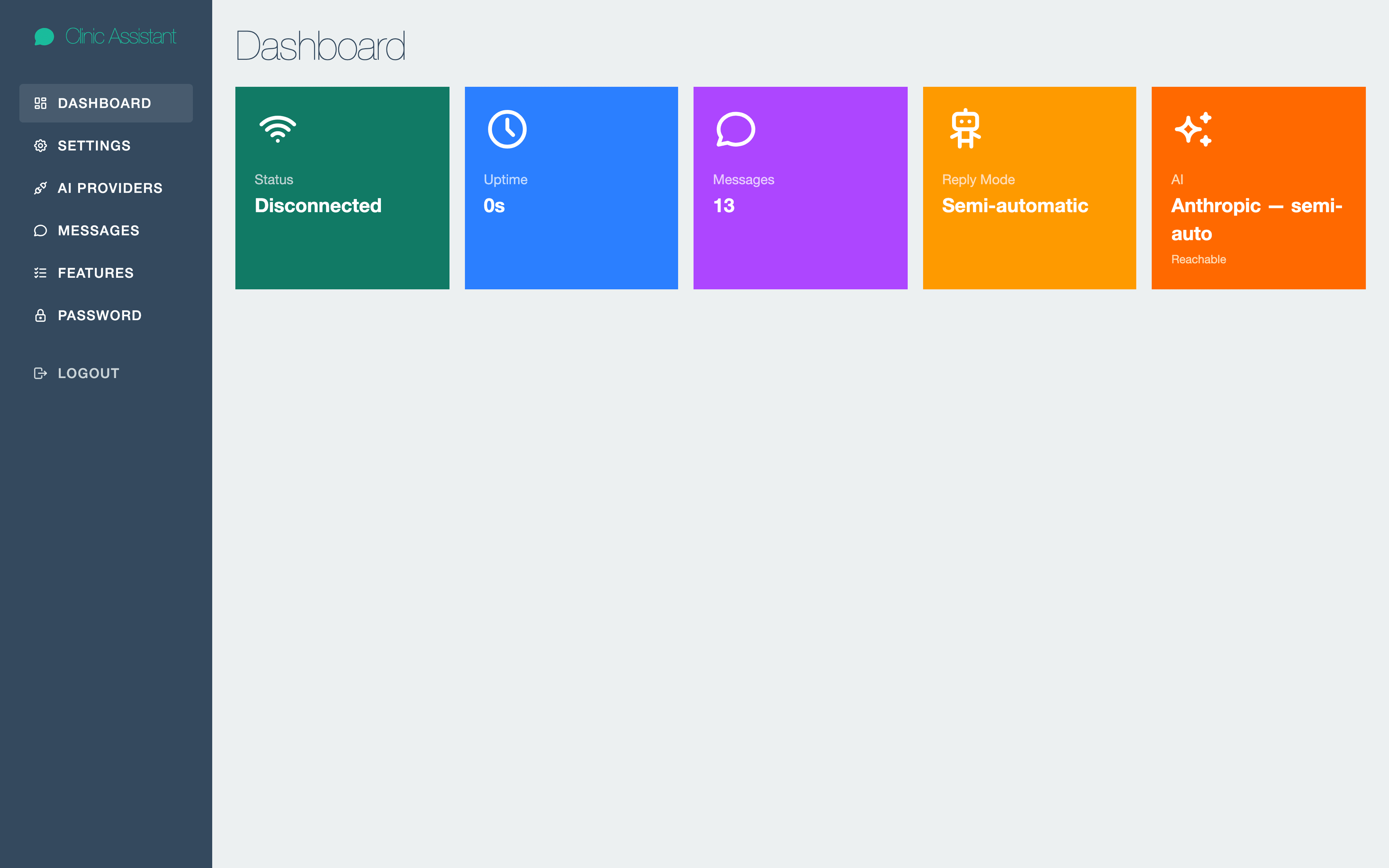Admin dashboard — connection status, message count, reply mode and AI provider health.