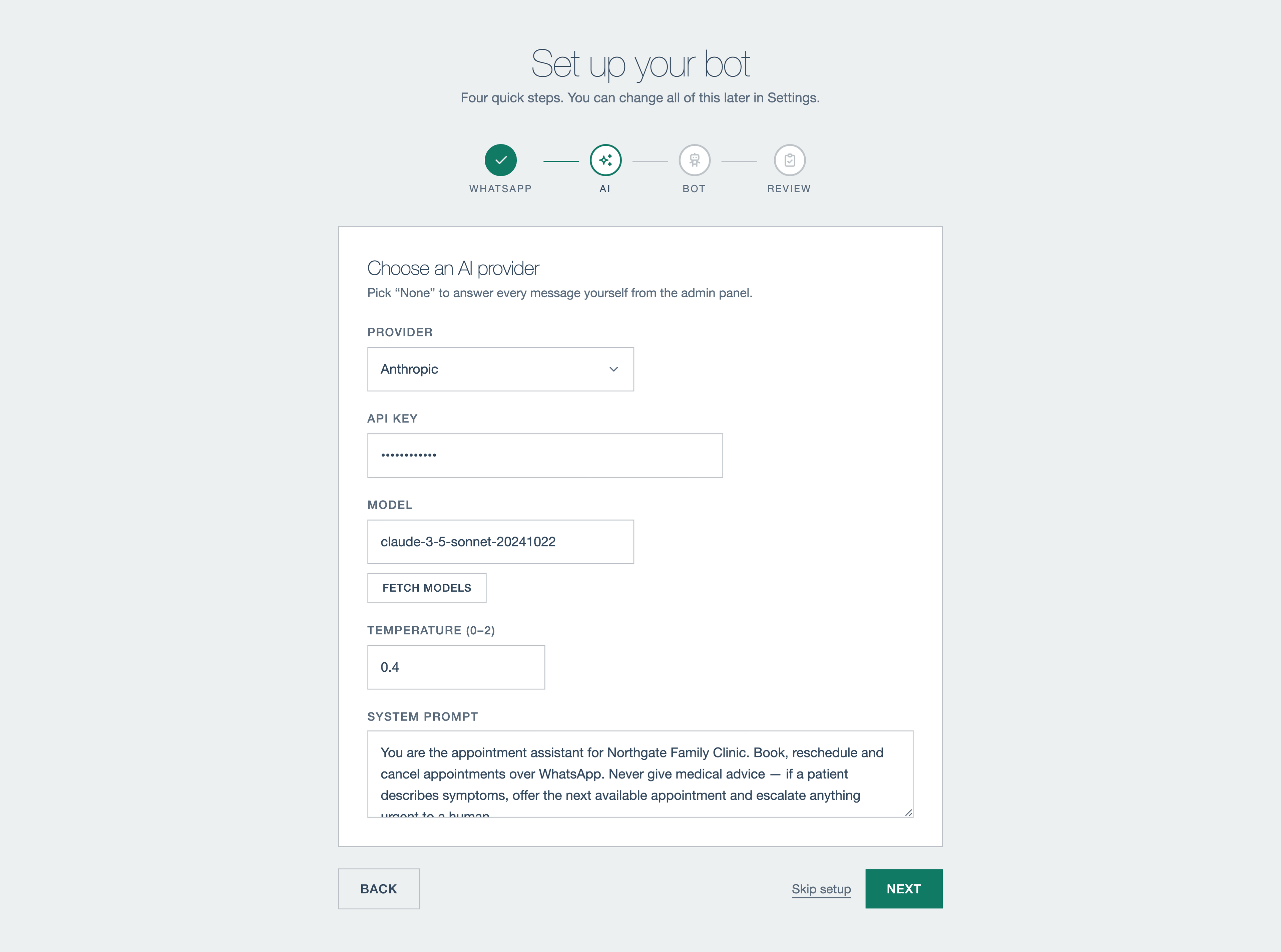 Three-step setup wizard: WhatsApp → AI → bot.