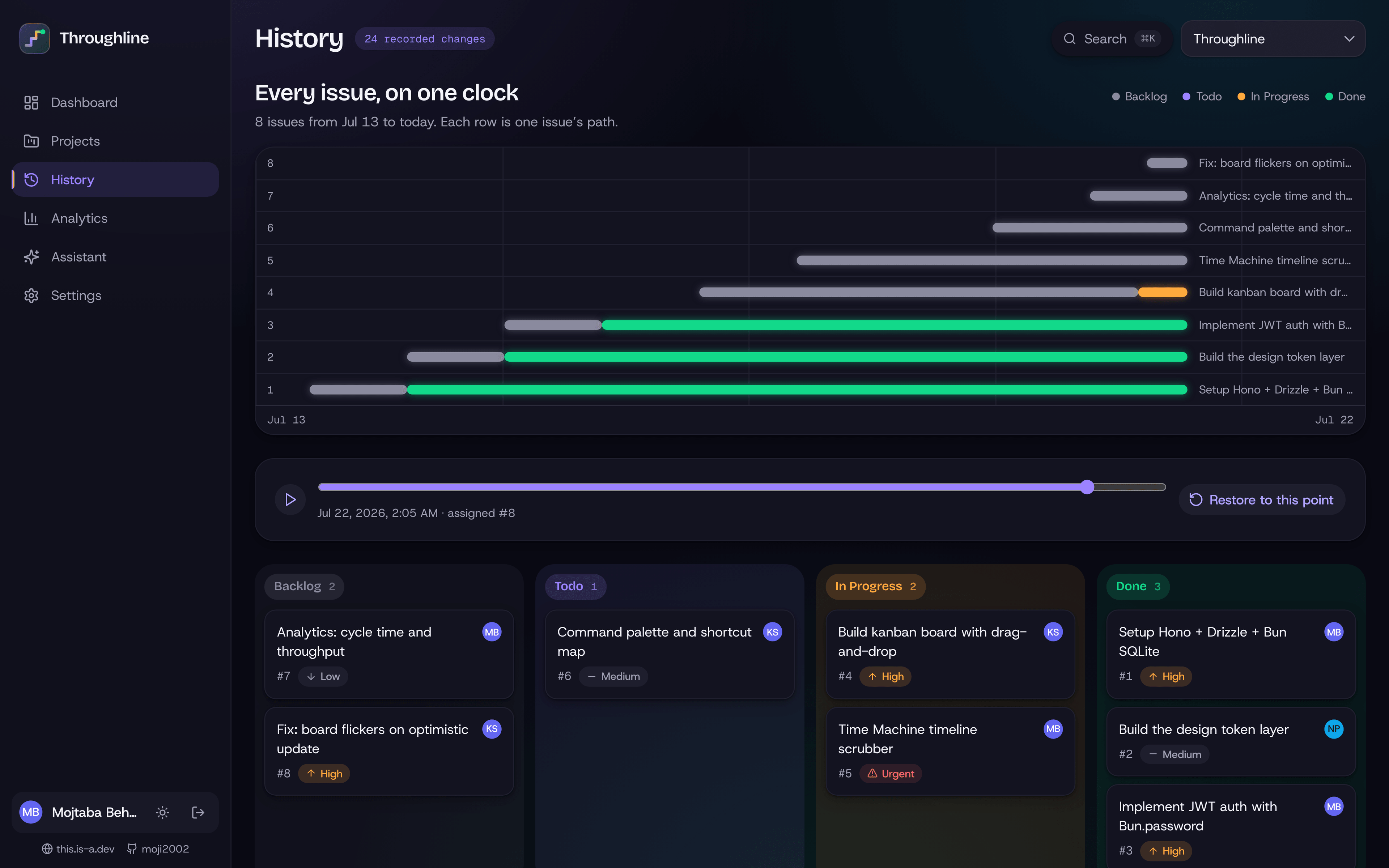 History: the event log as a scrubbable timeline you can play back and restore from.